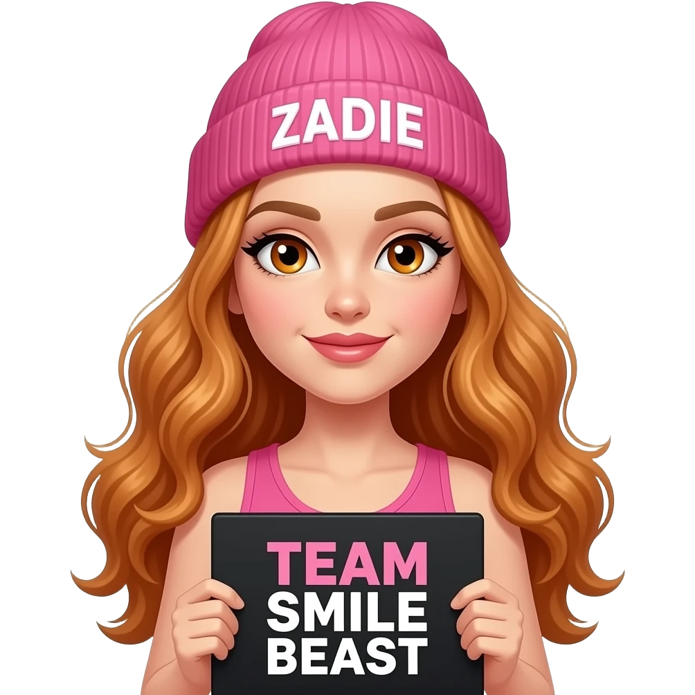 sexy girl with overlong wavy ginger hair and ginger eyes wearing a pink tanktop and a pink beanie with ZADIE written on it is holding a black sign with just TEAM SMILE BEAST on it emoji