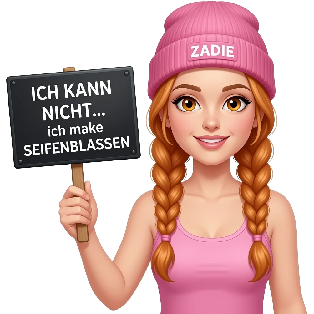 sexy girl with overlong ginger braids and ginger eyes wearing a pink tanktop and a pink beanie with ZADIE written on it, is holding a black sign with ICH KANN NICHT... ich mache SEIFENBLASEN written on it emoji