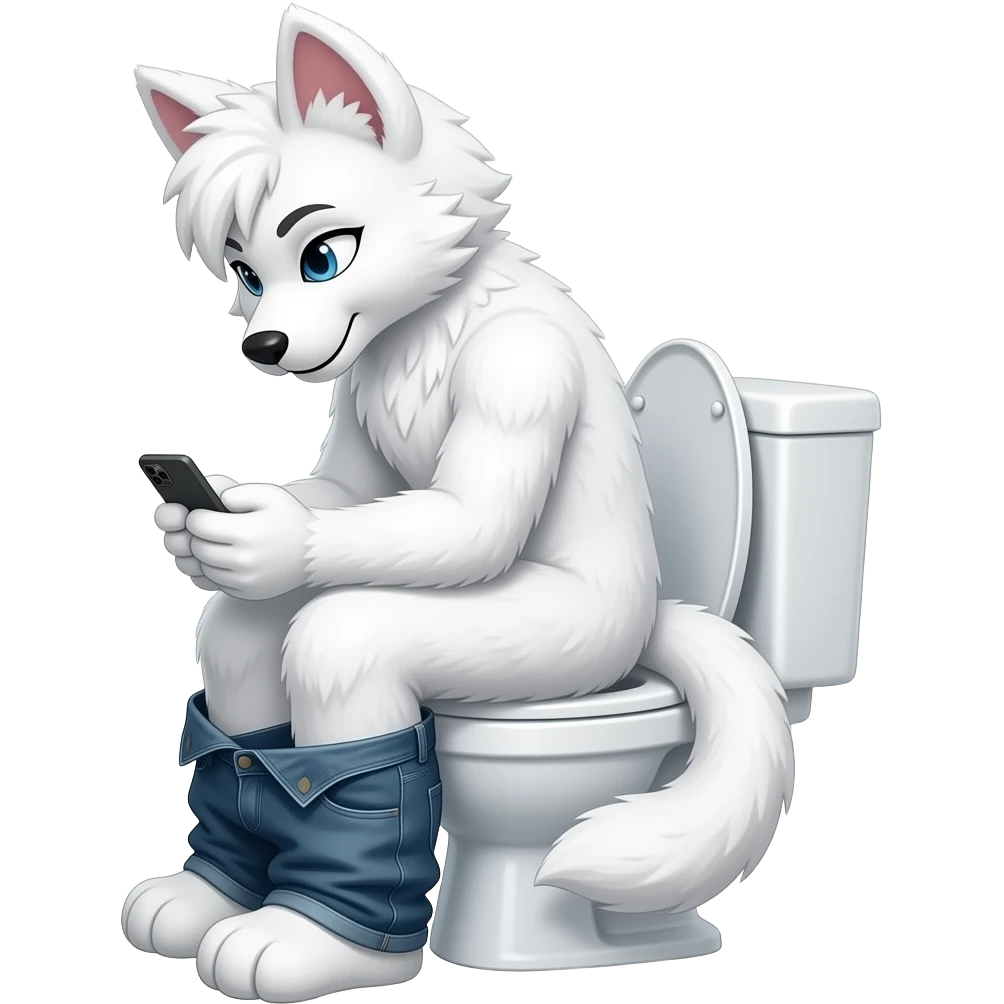 white fursuit sitting on toilet, side view, pants down, looking down at phone emoji