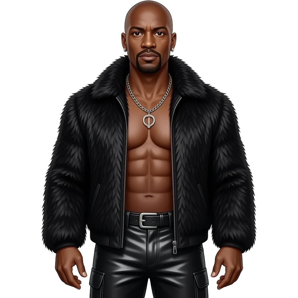 Terry Crews with dark brown eyes, bald head, black fur shawl, black metallic baggy pants, shirtless with necklace and earrings emoji