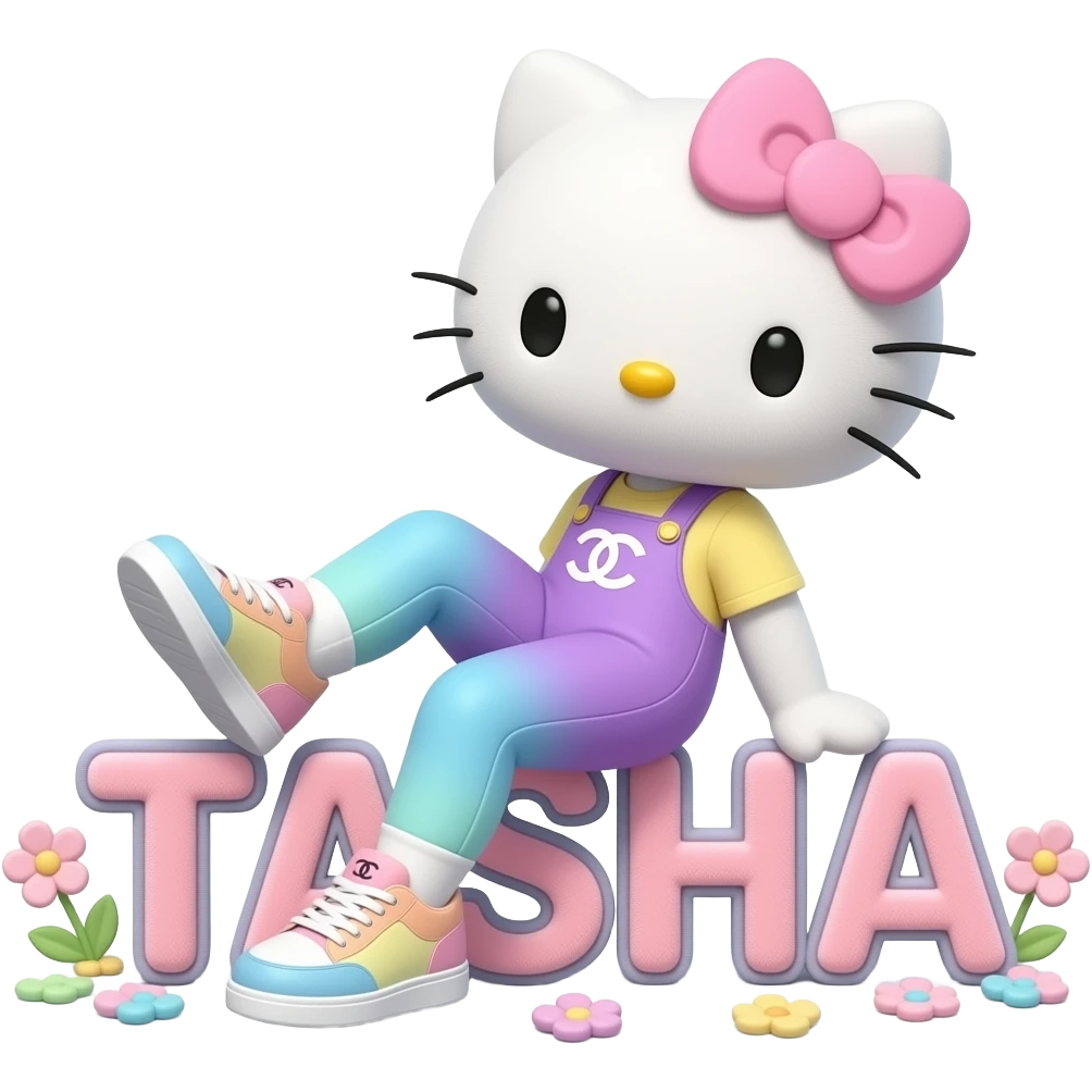 4D Velvety fur hello kitty wearing ombre white and blue and purp yellow ombre pastel colored leggings and sneakers, and with the Chanel symbol on her ombre pastel bow sitting sideways leaning back on top of the velvety 3D outlined letters TASHA surrounded with tiny ombre pastel flowers made of candy emoji