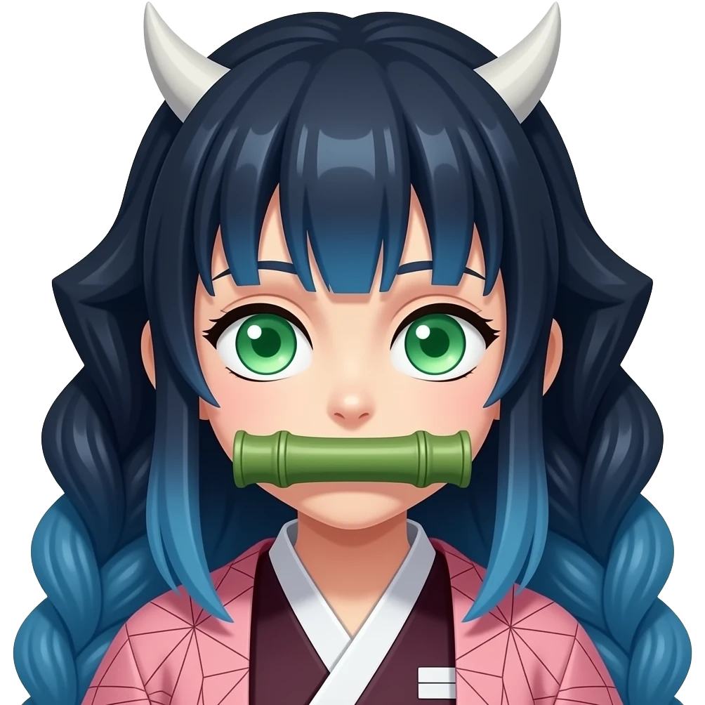 Que se parezca a Nezuco de Demon Slayer pero con los ojos verdes el bambú en la boca y pelo azul emoji