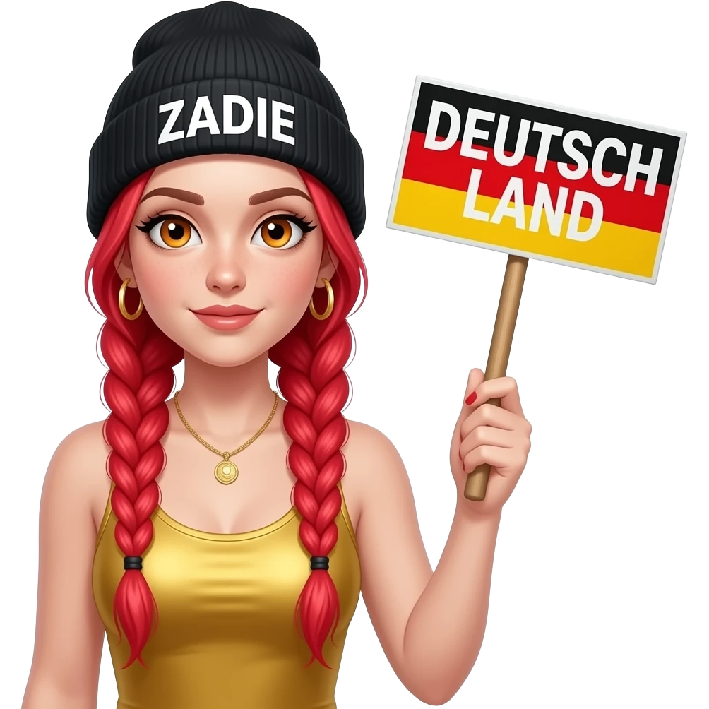 sexy girl with overlong neon red braids and ginger eyes wearing a gold tanktop and a black beanie with ZADIE written on it, is holding a sign with DEUTSCH LAND written on it emoji