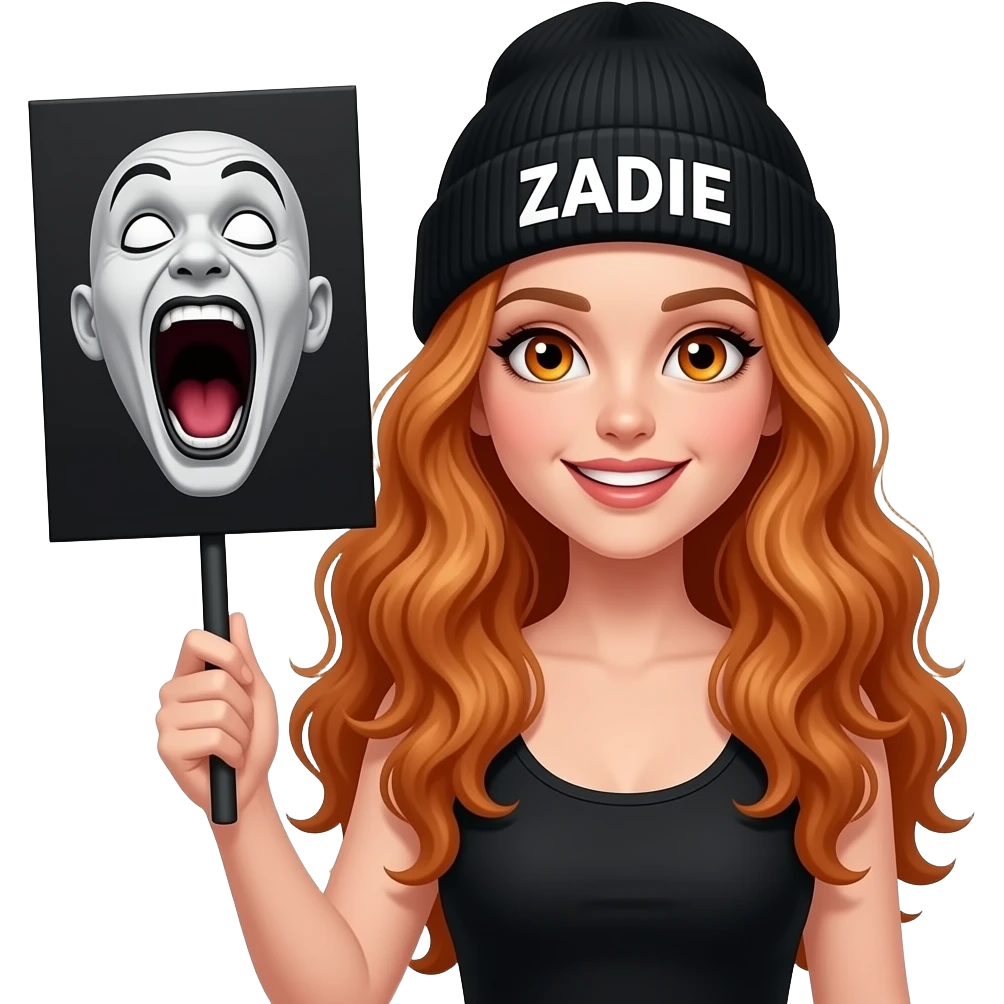 sexy girl with overlong wavy ginger hair and ginger eyes wearing a black tanktop and a black beanie with ZADIE written on it, is holding a black sign with 😱 on it emoji