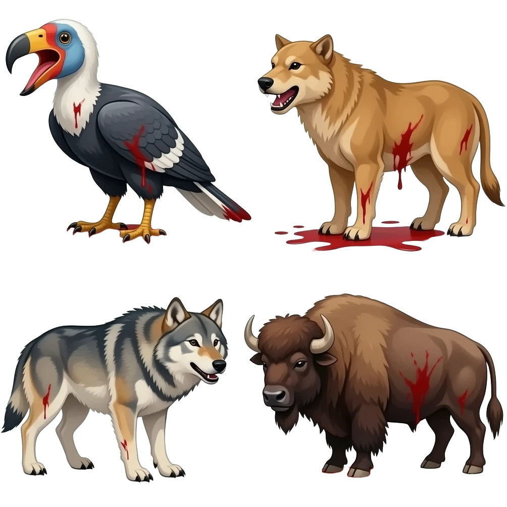 And terror birdSmilodon vs dire wolfs vs bison with blood battle emoji