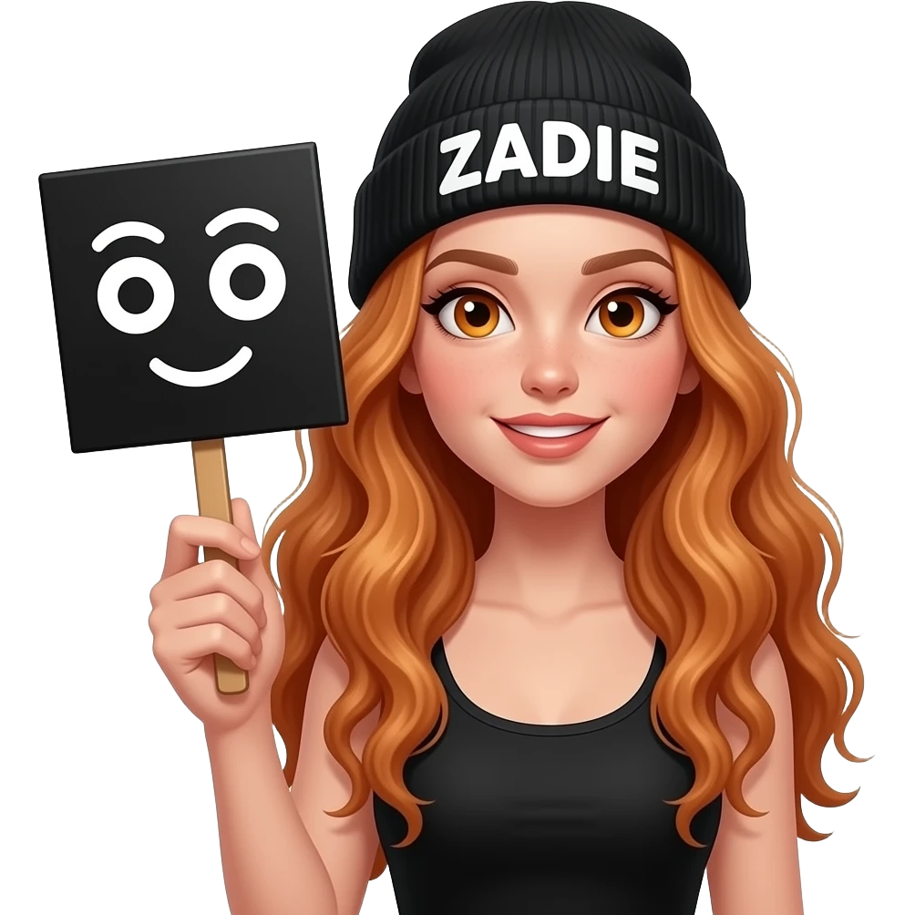 sexy girl with overlong wavy ginger hair and ginger eyes wearing a black tanktop and a black beanie with ZADIE written on it, is holding a black sign with 😵 on it emoji