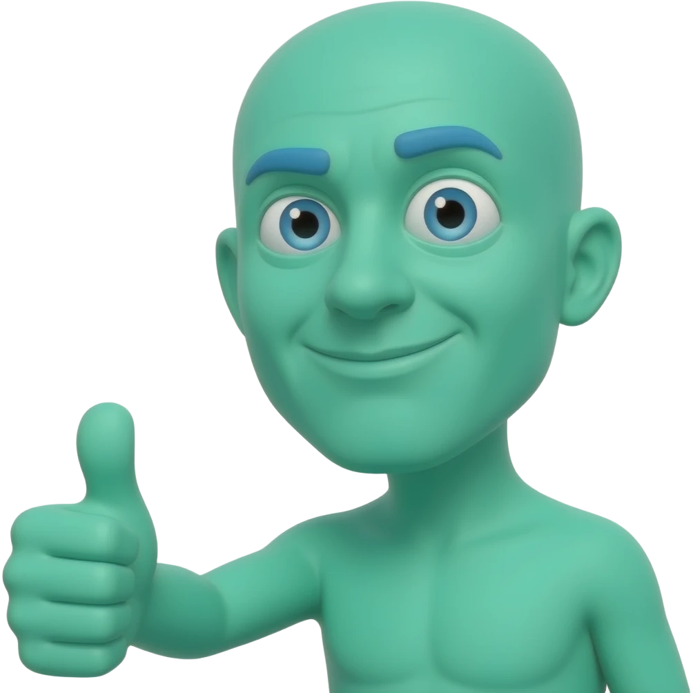 cartoon green blue  cross eyedGuy with an absurdly long neck no body, giving a thumbs up emoji