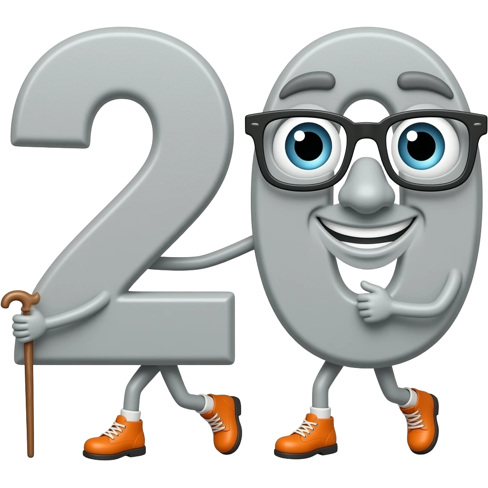 A gray-ish number 20 that has   orange shoes and a walking stick and it looks very fancy and it has a little zigzag on the 2 and the 0 ,  and a face wearing glasses and two arms on the 2 and the 0 and two legs on the 2 and 0 and make n emoji