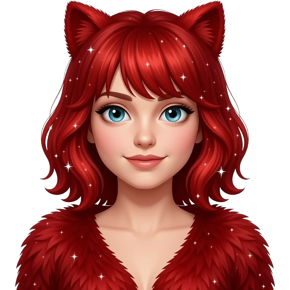 Hyper realistic fire red velvet fur soaked in starlight glitter and shadow gradients beautiful, shoulder bust emoji