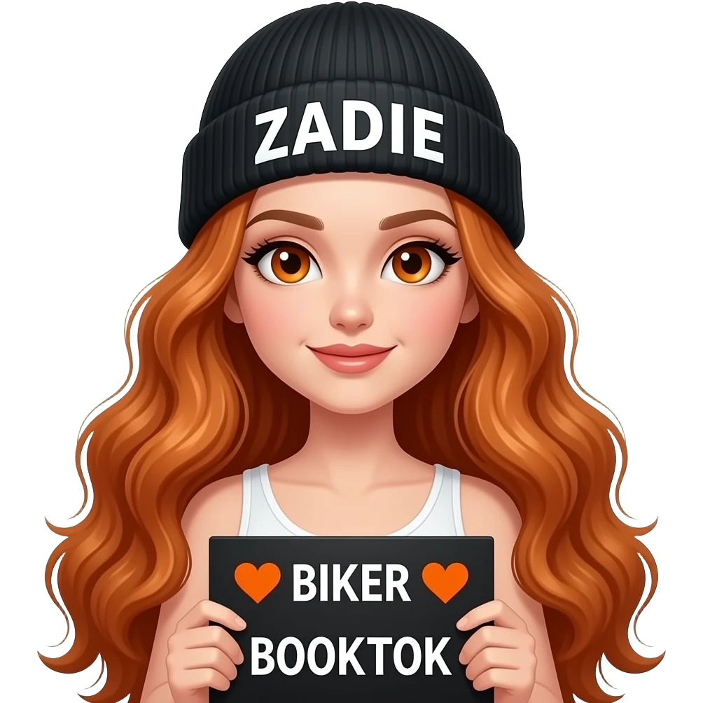 TEXT_sexy girl with overlong wavy ginger hair and ginger eyes wearing a white tanktop and a black beanie with ZADIE written on it, is holding a black sign with 🧡BIKER🧡 BOOKTOK written on it emoji