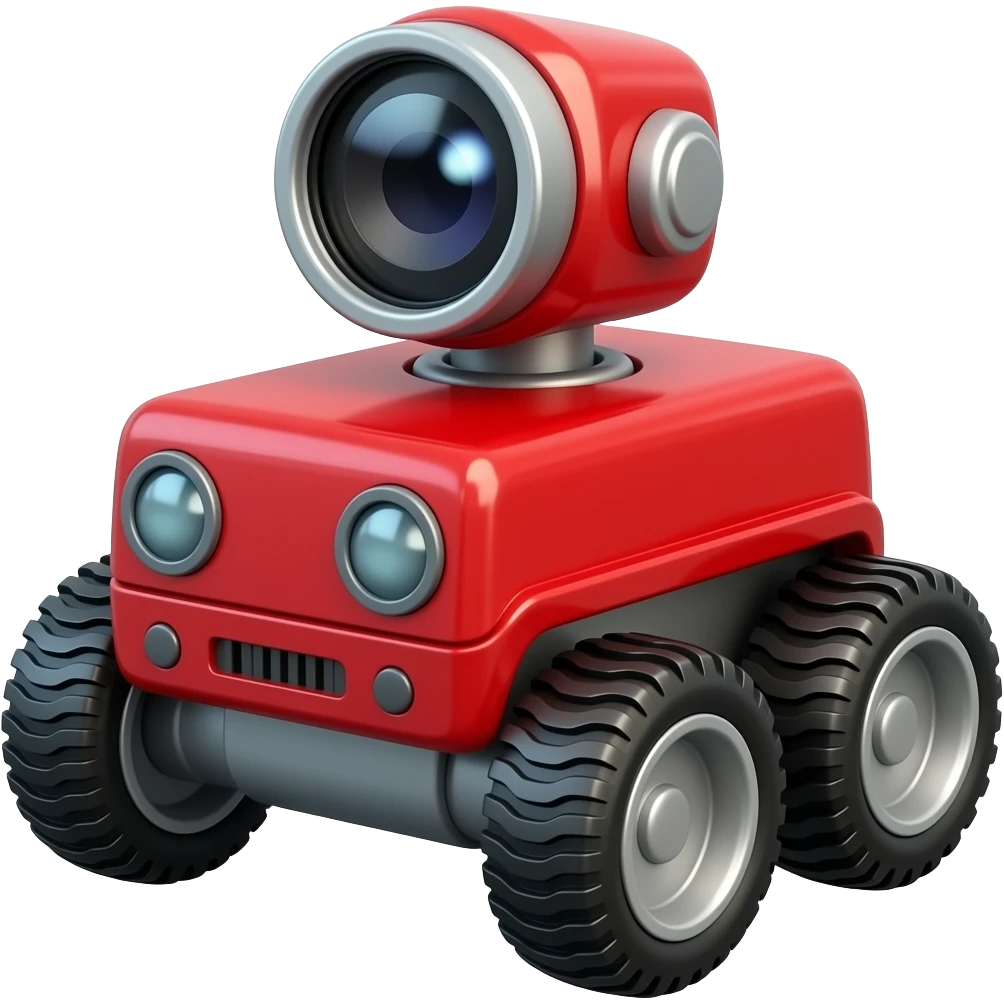 6 wheeled rectangular red robot with camera emoji