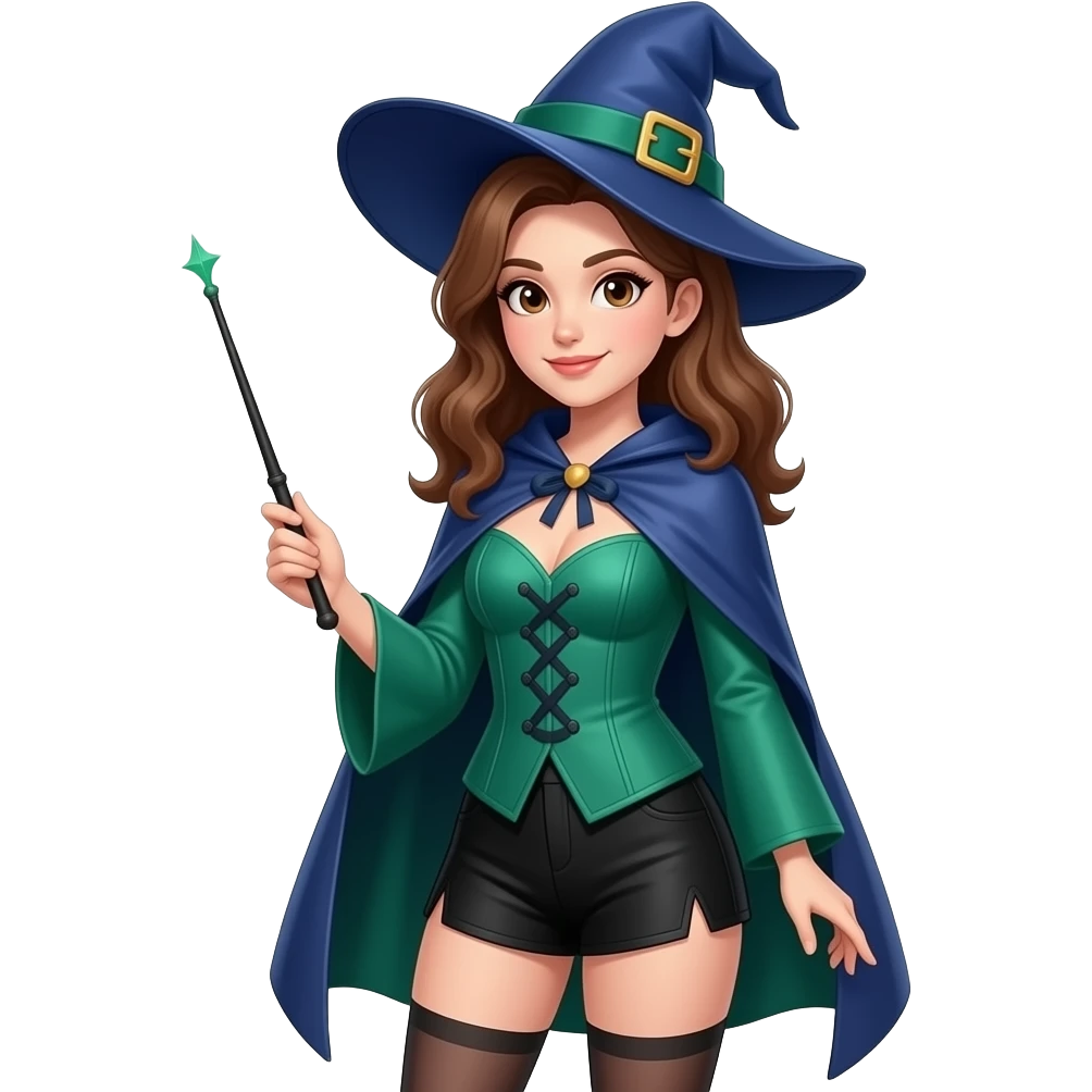 A full body White/Fair skinned woman with brown hair and brown eyes and wearing a Blue and green Witch outfit with black modesty shorts and holding a black wand. emoji