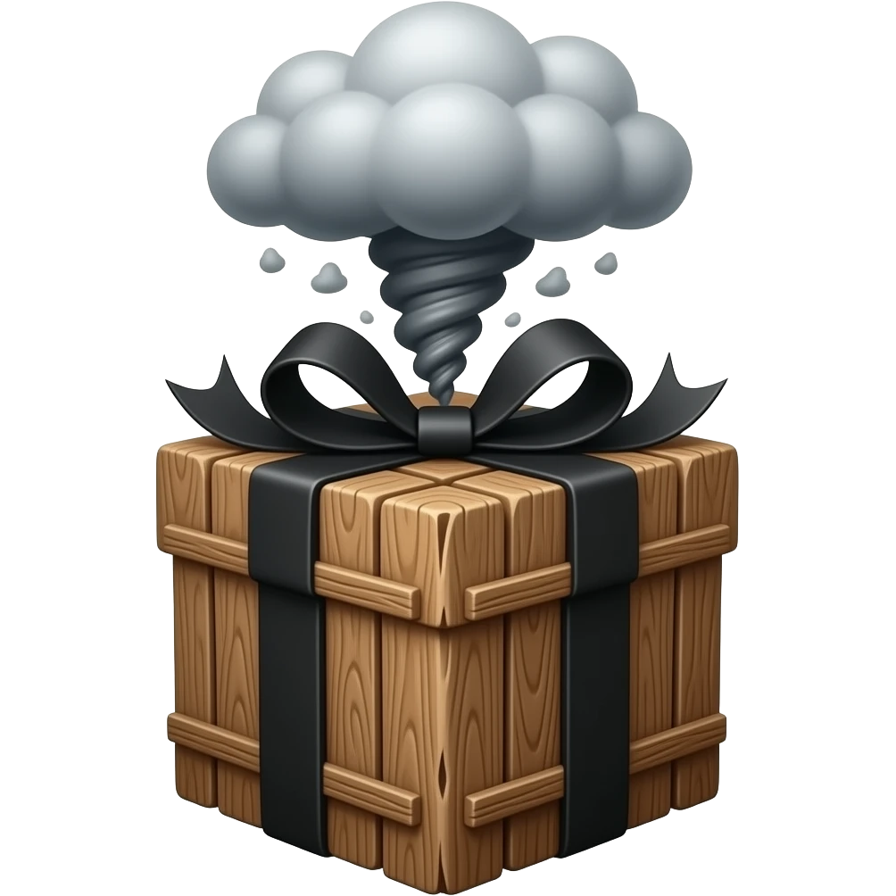 A gift box made of old wooden fencing with black and ribbons that resemble storm clouds, with a tornado on top emoji