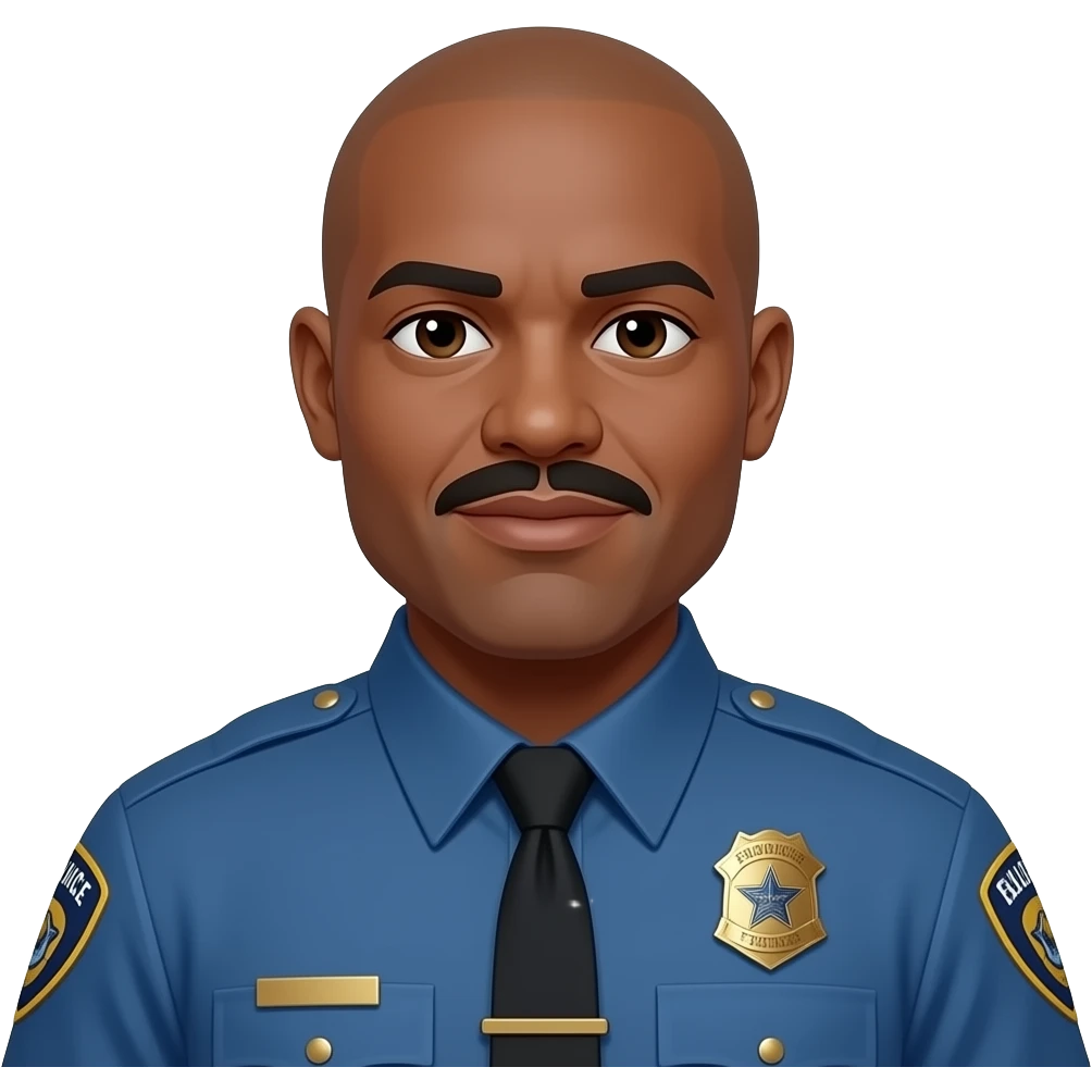 male police officer blue uniform with star badge, bald, handle bar moustache, darker skin, fatter face emoji