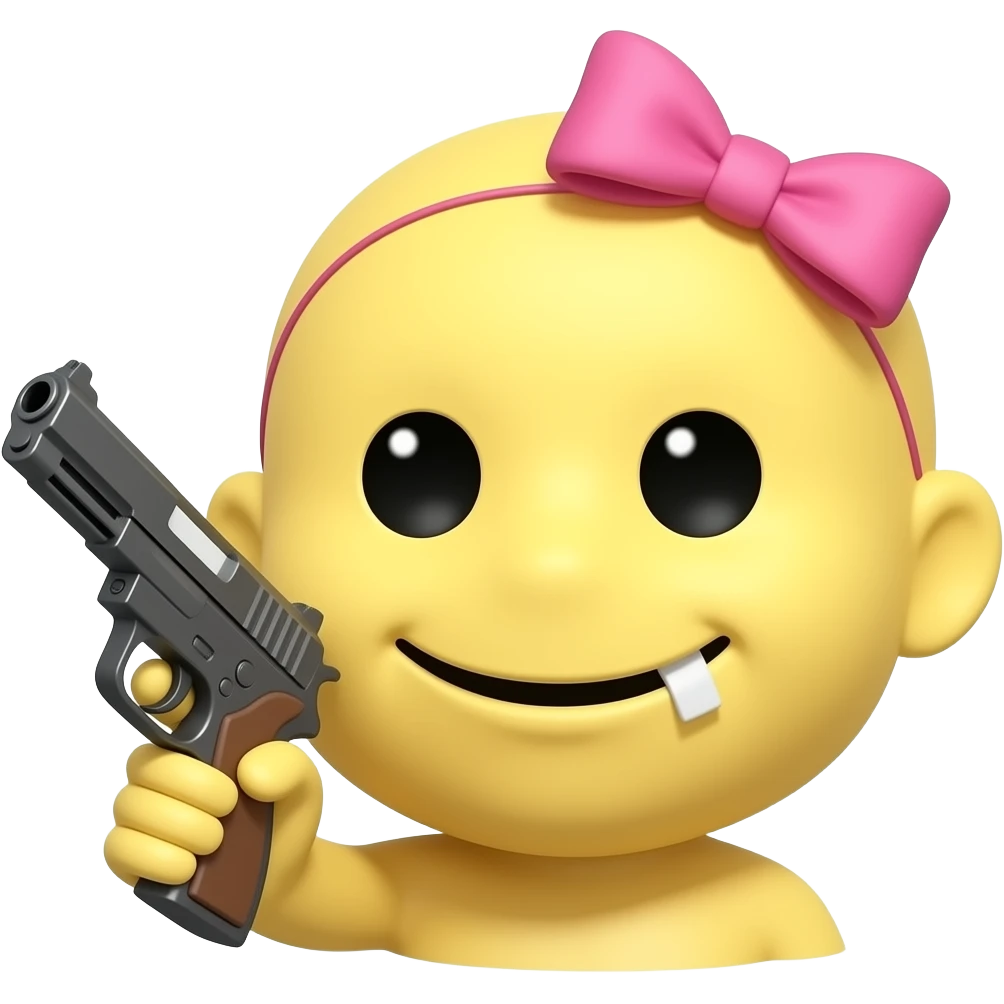 A yellow figur round head weird smile pink bow on head  and gun in hand only head i emoji