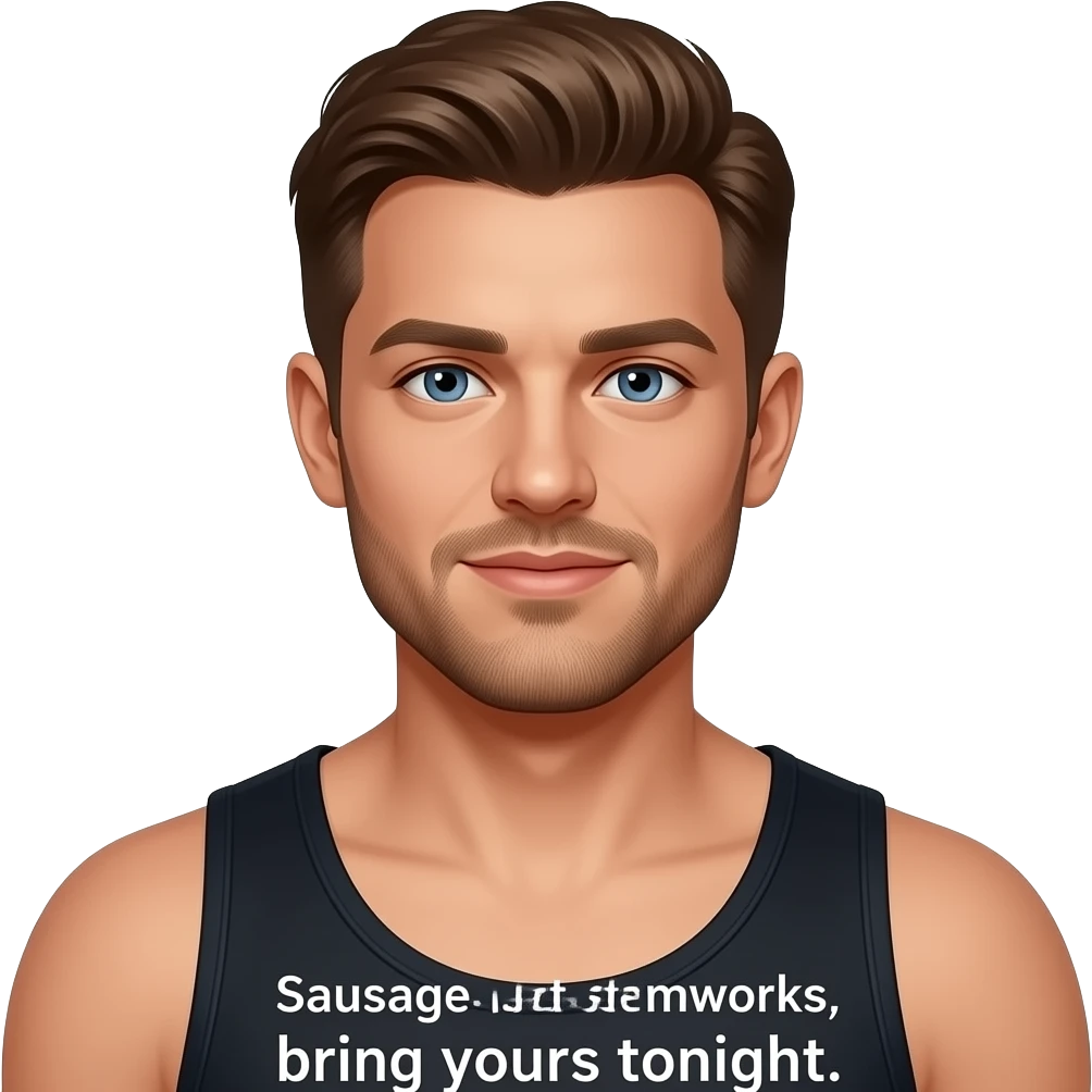 Poster "Sausage party at SteamWorks, bring yours tonight." In a gay male leatherman theme. emoji