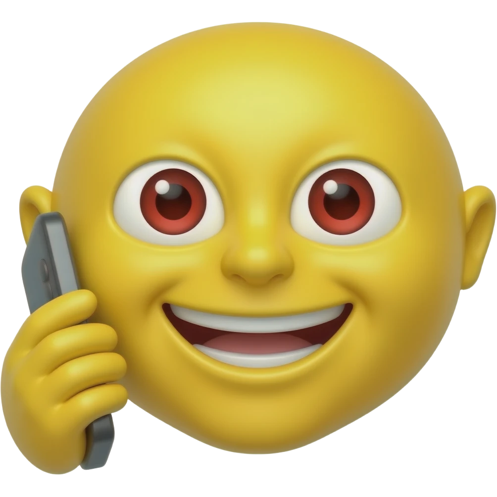 default yellow emoji holding a phone in front of him smiling with teeth and red eyes emoji