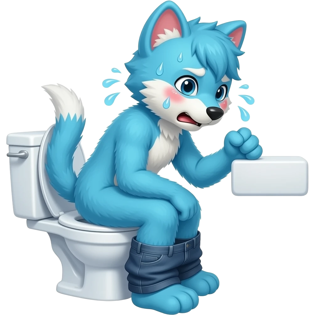 blue fursuit sitting on toilet, side view, pants down, straining face, red blushing face, sweating, pain, pushing, both fits emoji