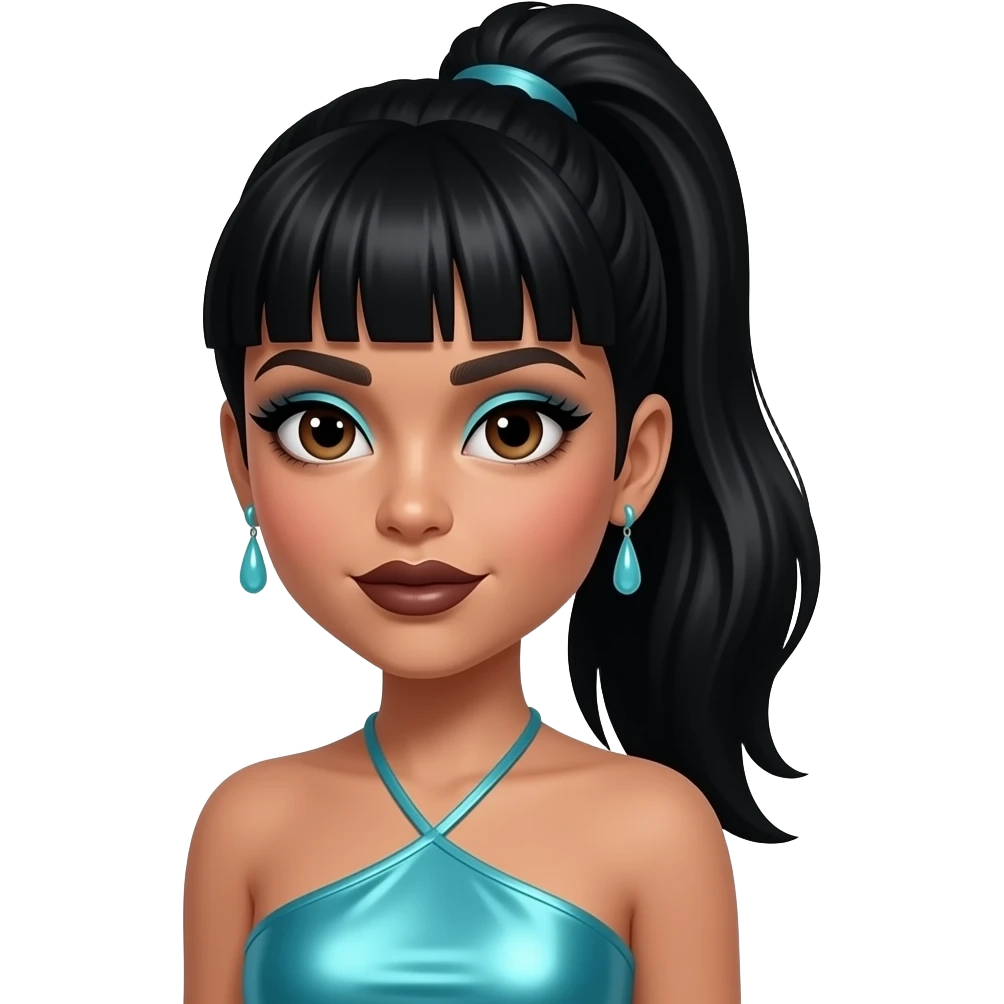 Lisa Left Eye Lopes from TLC with dark brown eyes, black 90s high ponytail and updo hair with bang, cyan eyeshadow, dark brown lipstick, cyan metallic halter dress, cyan earrings emoji