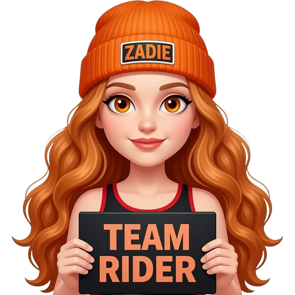 sexy girl with overlong wavy ginger hair and ginger eyes wearing a black red tanktop and a orange beanie with ZADIE written on is holding a black sign with just TEAM RED RIDER on it emoji