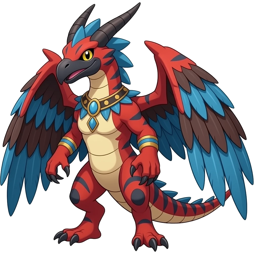 Red and blue and dark brown feathery tribal beautiful gorgeous attractive pretty Raptorik scaley feathery horned Amaura-Wargreymon-Aurorus-ExVeemon-WereGarurumon-Pokémon-Fakémon-hybrid-fusion-creature, full body emoji