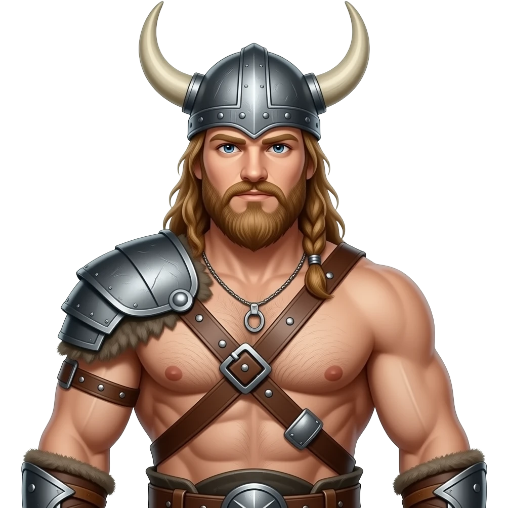Vikinger mit nackten maskulinen behaarten Oberkörper und starker Brust, mit Leder Riemen und Schulterpanzer. Er trägt ein Helm mit Hörnern emoji