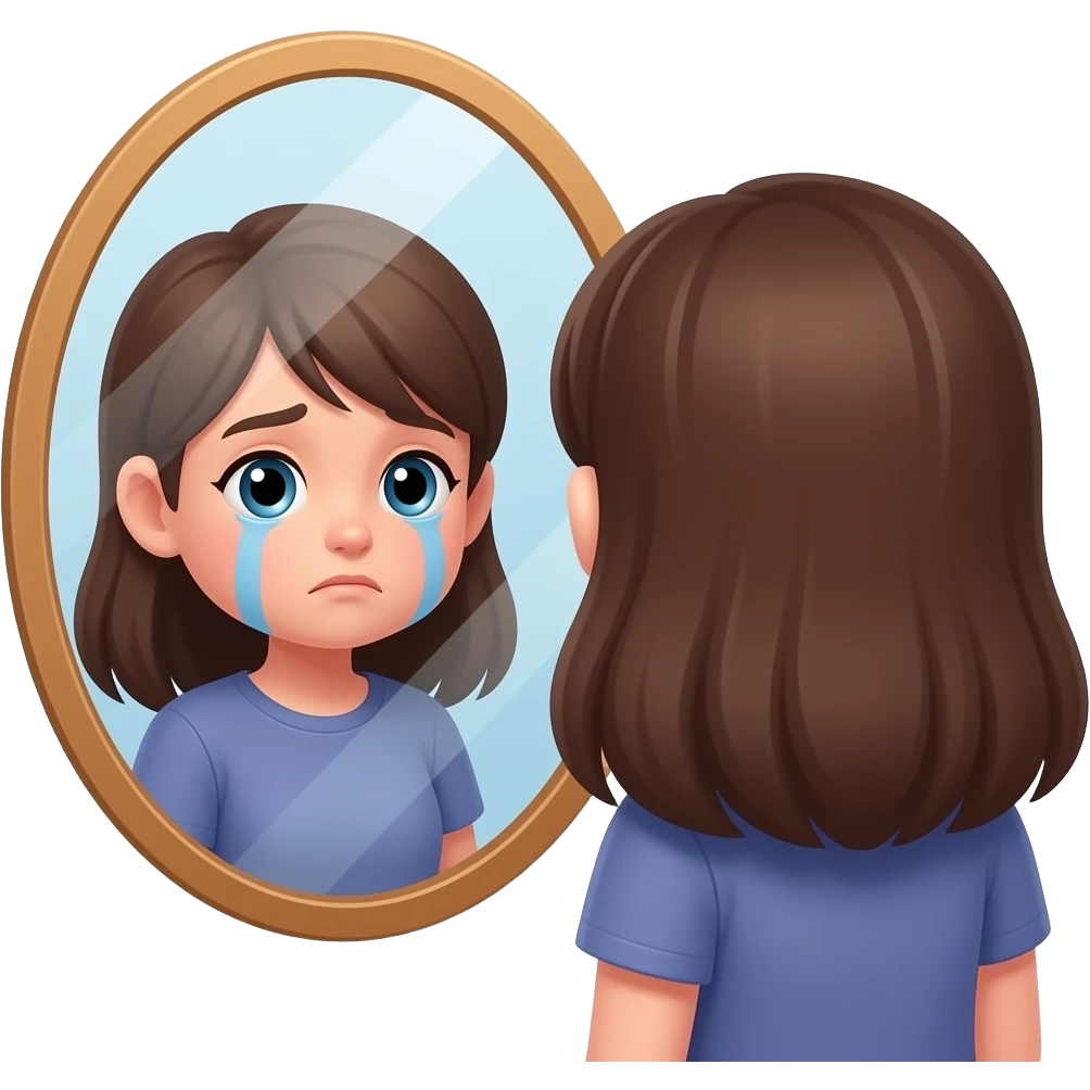The girl looks in the mirror sadly. emoji