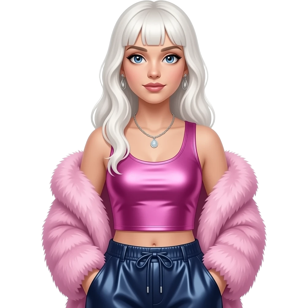 Emily Armstrong with blue eyes, long white blonde hair, pink fur shawl, fuchsia metallic sleeveless tank top, dark indigo metallic baggy pants, necklace and earrings emoji