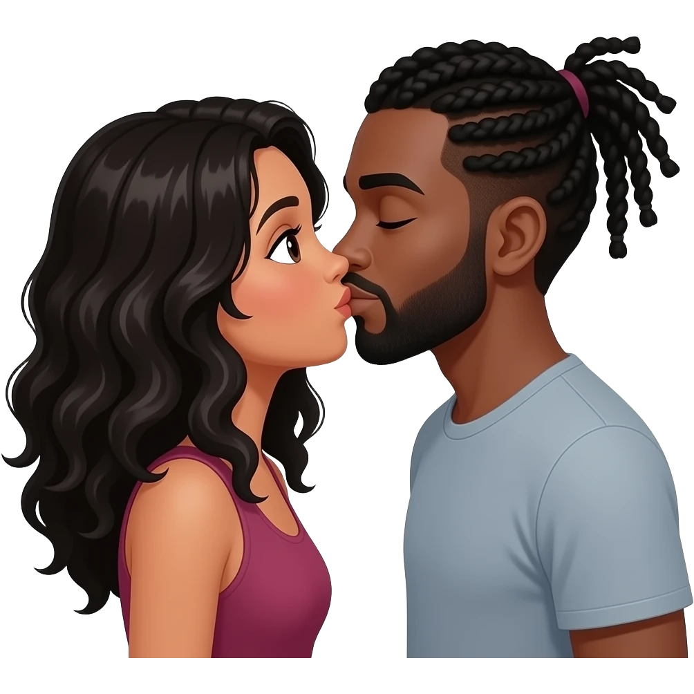 Black hair Hispanic girl with wavy hair and black guy with black cornrows and beard kissing emoji