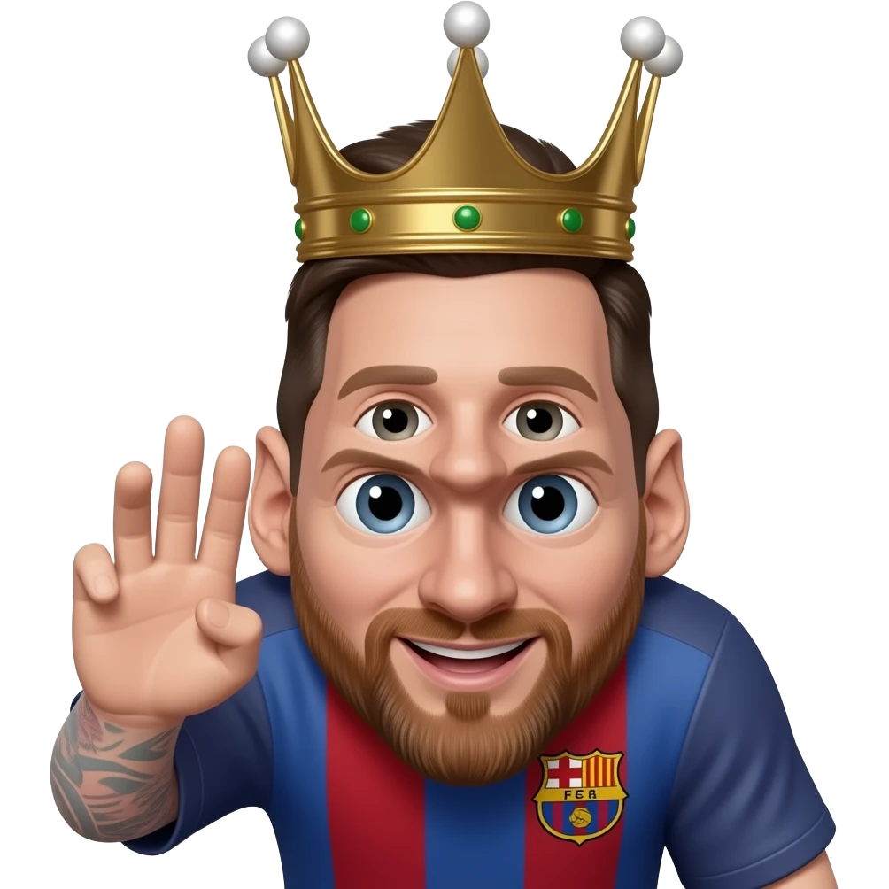 Messi emoji, aynı yüz, elinde 1 büyük aynı kral tacı, yüzü kapatmasın, 3D emoji. emoji