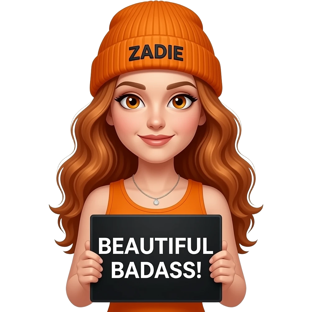 sexy girl with overlong wavy ginger hair and ginger eyes wearing a orange tanktop and a orange beanie with ZADIE written on it, is holding a black sign with BEAUTIFUL BADASS! written on it emoji