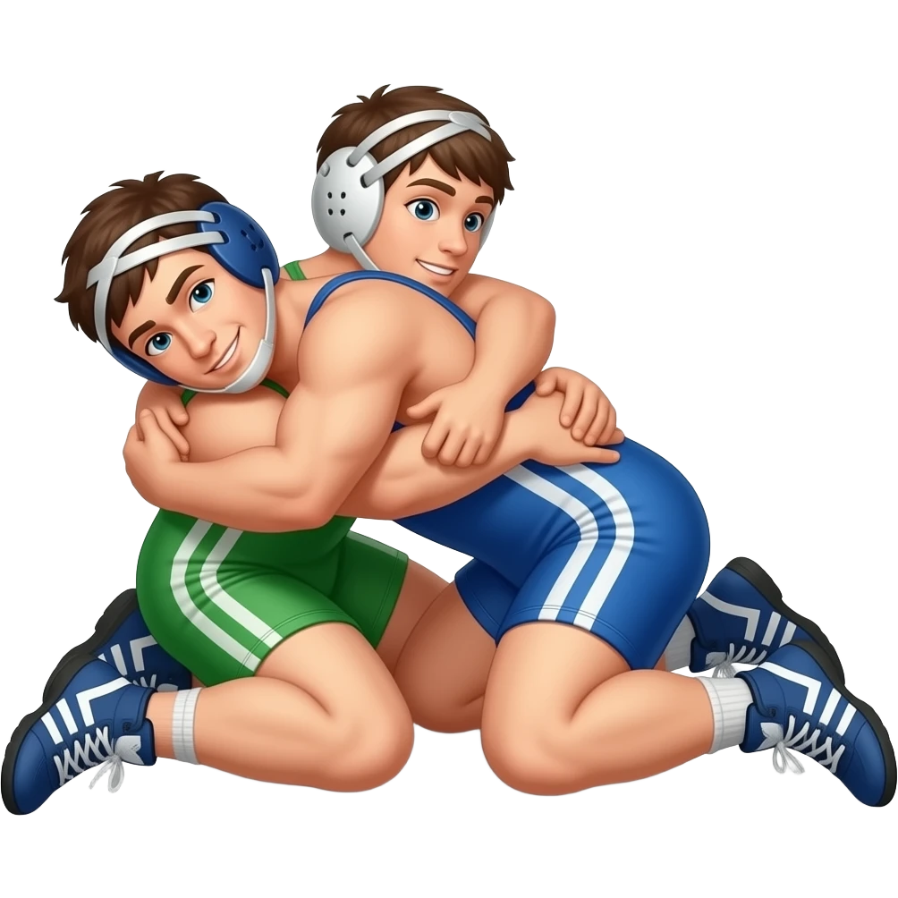 Erstelle ein Bild von zwei Wrestler in kurzen, knappen und engen Wrestler-suits, die beiden haben unterschiedlich Farben an (Grün und blau) und sie ringen liegend eng umschlungen miteinander auf dem Boden emoji