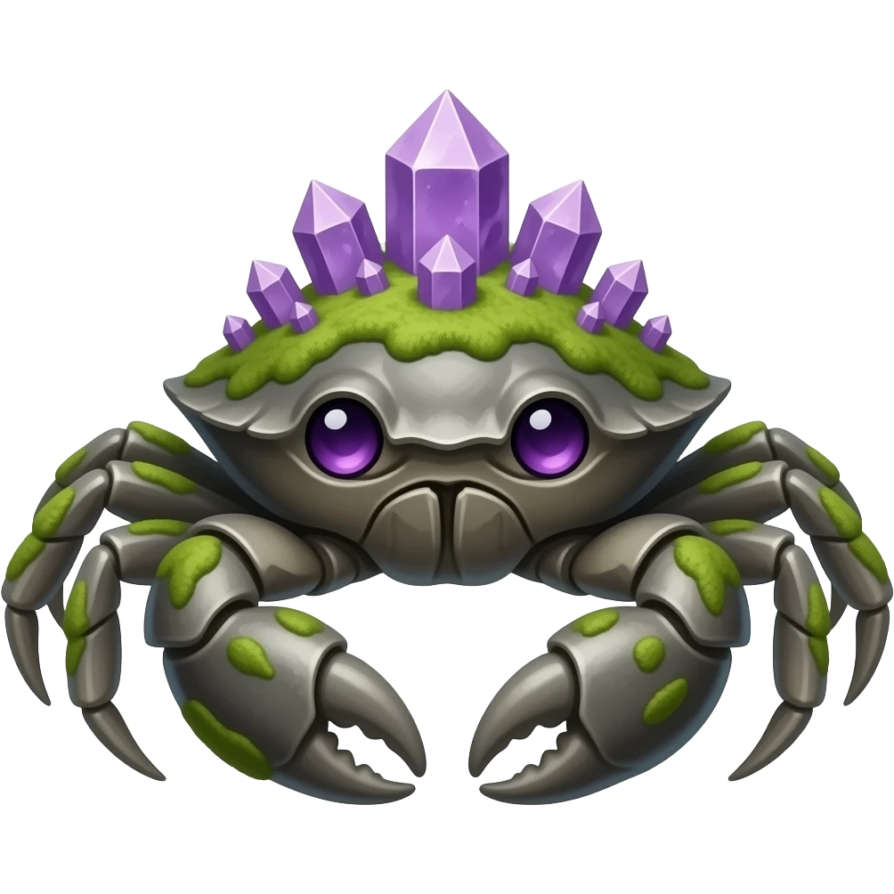 A big Gray crab with moss on its back in with purple crystals on its back and also with purple eyes facing forward emoji