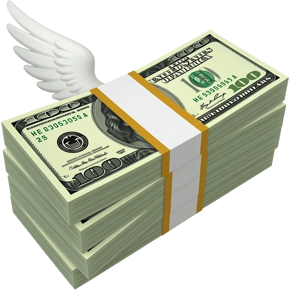 crea un emoji de pacas de billetes de 100$, que sea un emoji como los de iphone, y que tenga unas alas blancas emoji