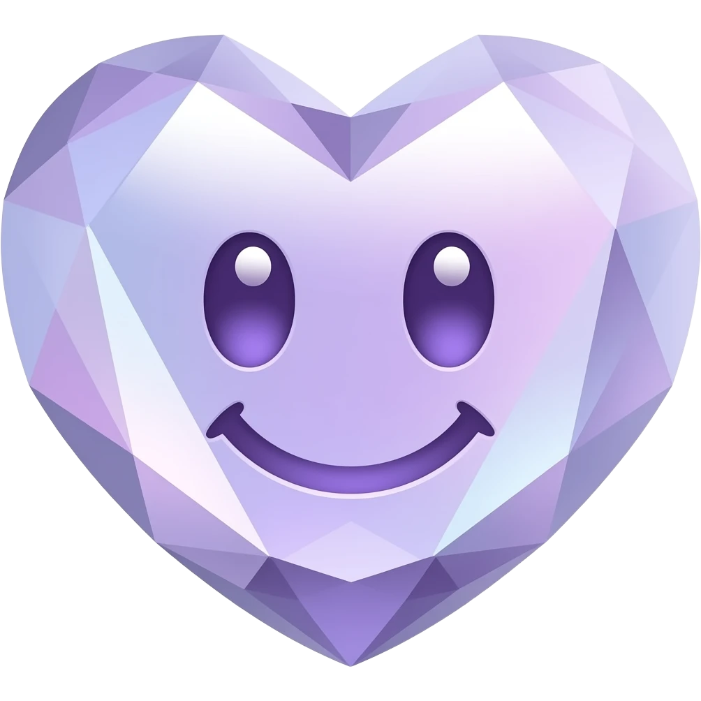 Pastel lavender iridescent Crystal heart with a cute smiley face emoji