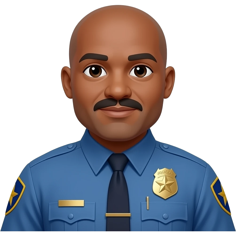 male police officer blue uniform with star badge, bald, moustache, darker skin, fatter face emoji