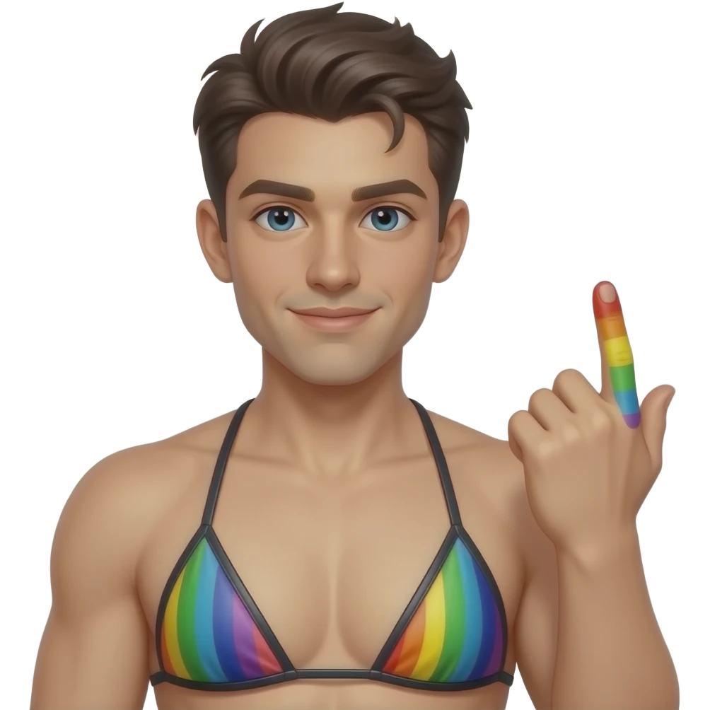 Gay dude in leather bikini rainbow fingering his other hand emoji