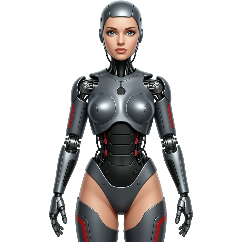 whole body, long shot, Full length, entire body, female robot, realistic, female robot, no human features, no skin, full body, head to toe, sexy pose, made of dark gray steel with black and red markings. emoji
