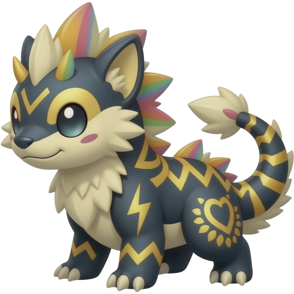 scaly fuzzy finned frilled spunky gothic Realistic tall slim unique original shiny edgy cool steampunk-cyberpunk-solarpunk-fantasy-Absol-Sprigatito-Vaporeon-Manectric-Mudkip-Fakémon-hybrid with tribal chevron heart floral lightning bolt strikes damask paisley markings emoji