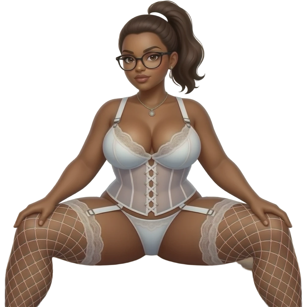 Big Busty, curvy brown skinned woman, hair in a ponytail, glasses, huge firm ass wearing a sheer white lace corset and a tiny sheer matching thong, white fencenet stockings and suspenders, she sat on the desk facing viewer pulling her knees wide apart with her hands emoji