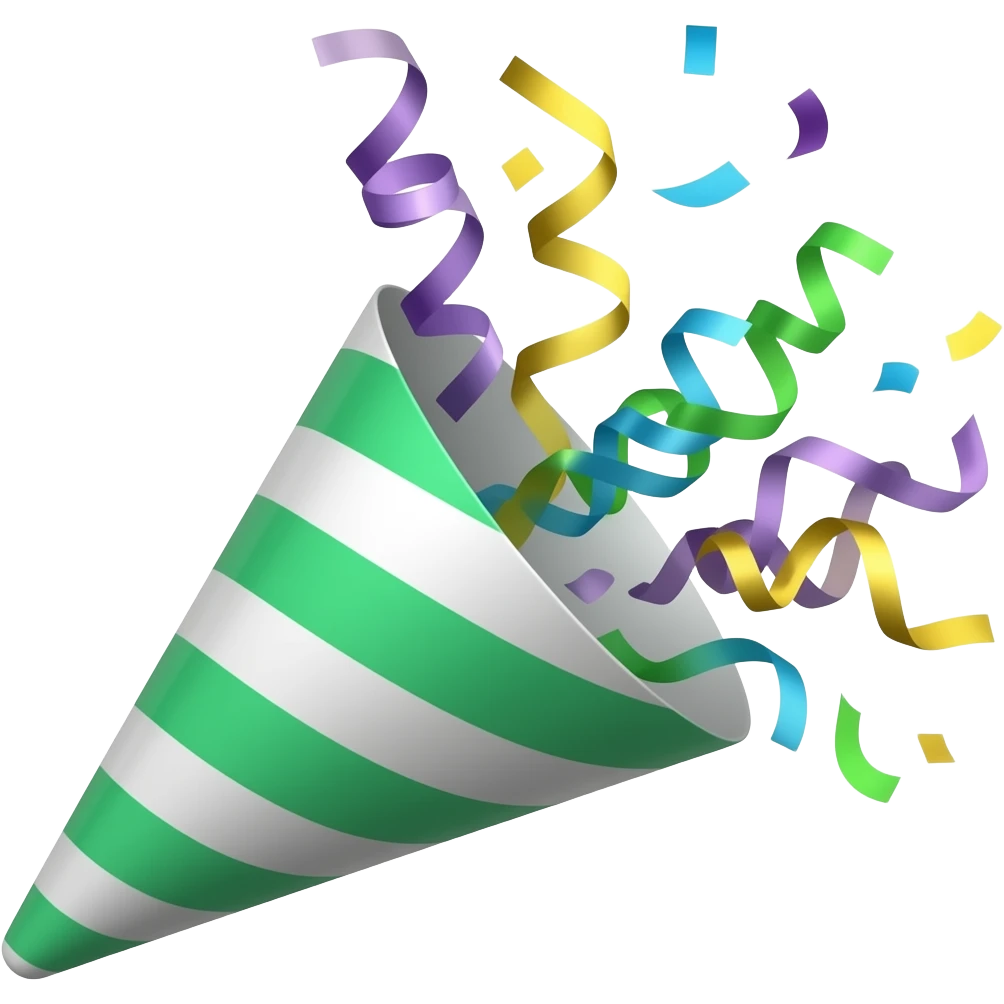 ios emoji style green party popper  with confetti flying out from inside emoji
