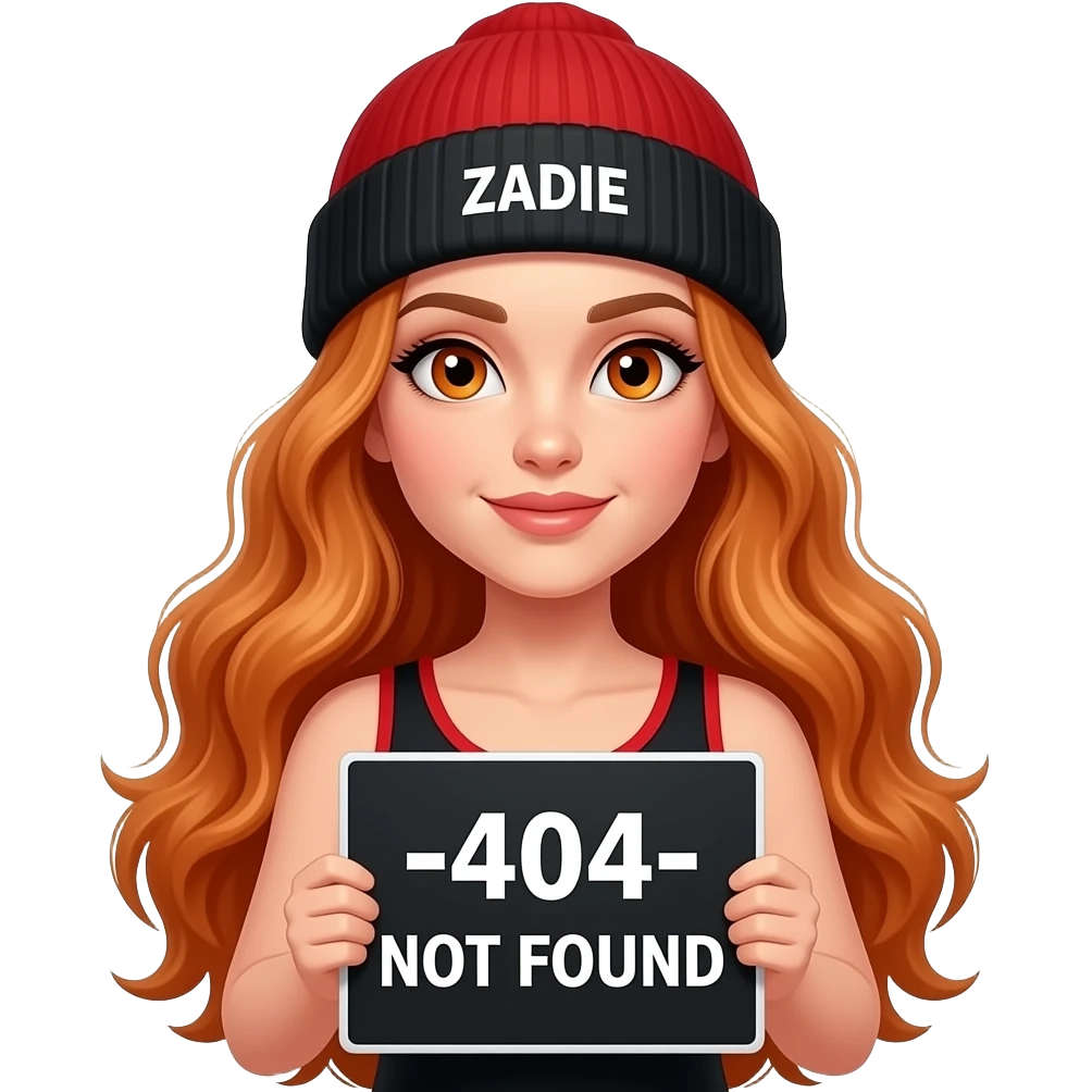 sexy girl with overlong wavy ginger hair and ginger eyes wearing a black red tanktop and a black red beanie with ZADIE written on it, is holding a black sign with -404- NOT FOUND written on it emoji