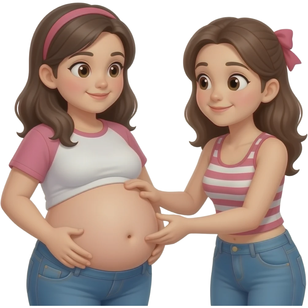 A meeting with to girls,After a great long lunch,one girl is full & fat,her bellybutton peeking out,her big belly is getting noticed,so other girl was impressed and eagerly touching the one overfed girl’s bloated belly. emoji