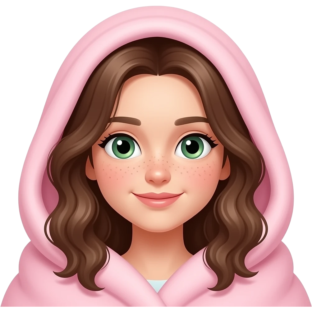 Brown wavy long hair green eyes cute face with freckles pretty girl covered with pastel pink blanket on head emoji
