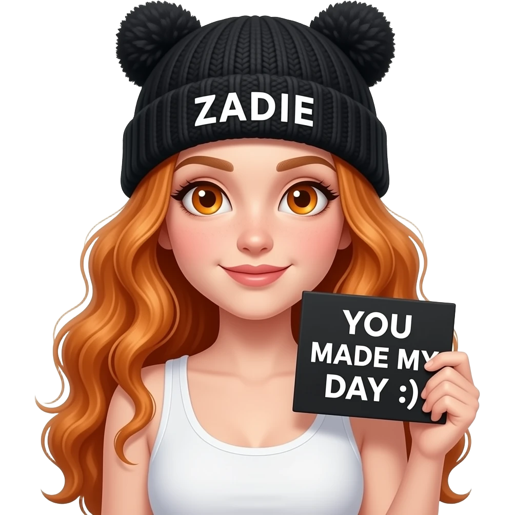 sexy girl with overlong wavy ginger hair and ginger eyes wearing a white tanktop and a black pom pom hat with cat ears with ZADIE written on it is holding a black sign with YOU MADE MY DAY :) written on it emoji