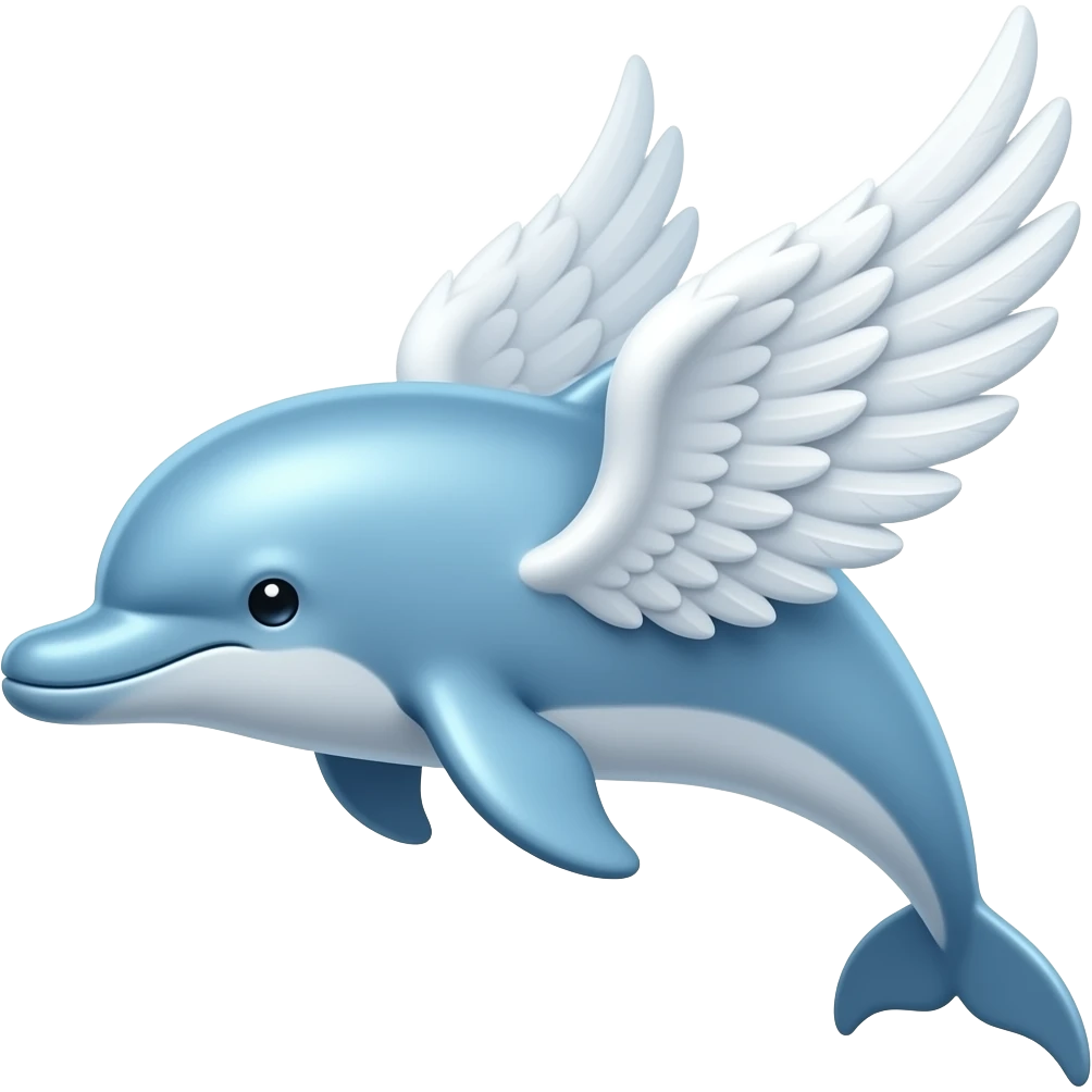 thin dolphin emoji with 2 big angel white wings, glass blue ,2d, simple emoji