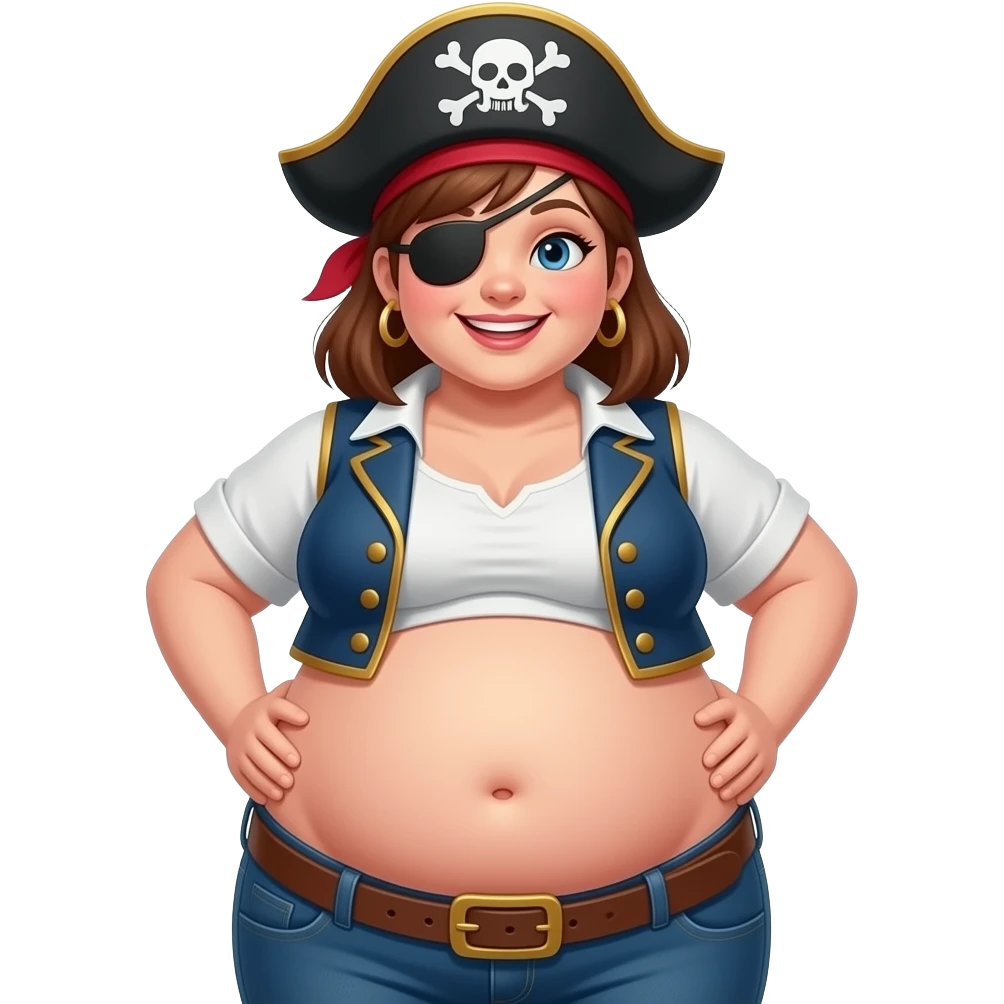 A obese pirate girl,female/doe,her fatty body is ballooning into blimp,her stomach constantly bulging from extreme fullness,her bellybutton is making sure she is a perfect fit for a spot on a fat bountiful tummy,A happily fat & full girl is so well fed,her tubby stomach pops buttons. emoji