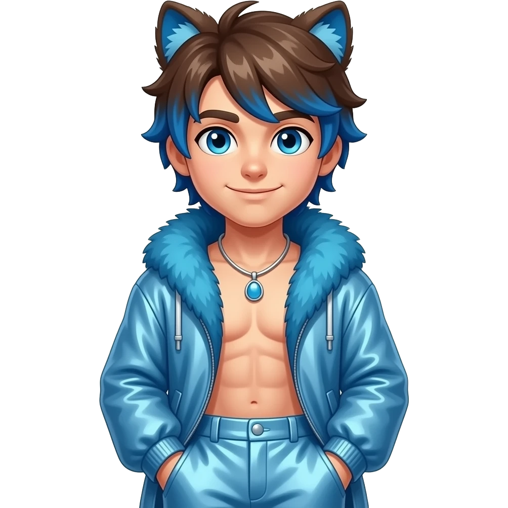 DanTDM with blue eyes, brown hair with blue ombre, blue fur shawl, light blue metallic baggy pants, shirtless with necklace emoji