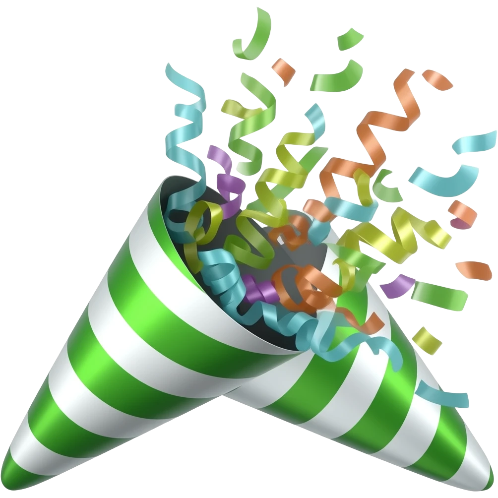 ios emoji style green party popper  with some confetti flying out from inside emoji