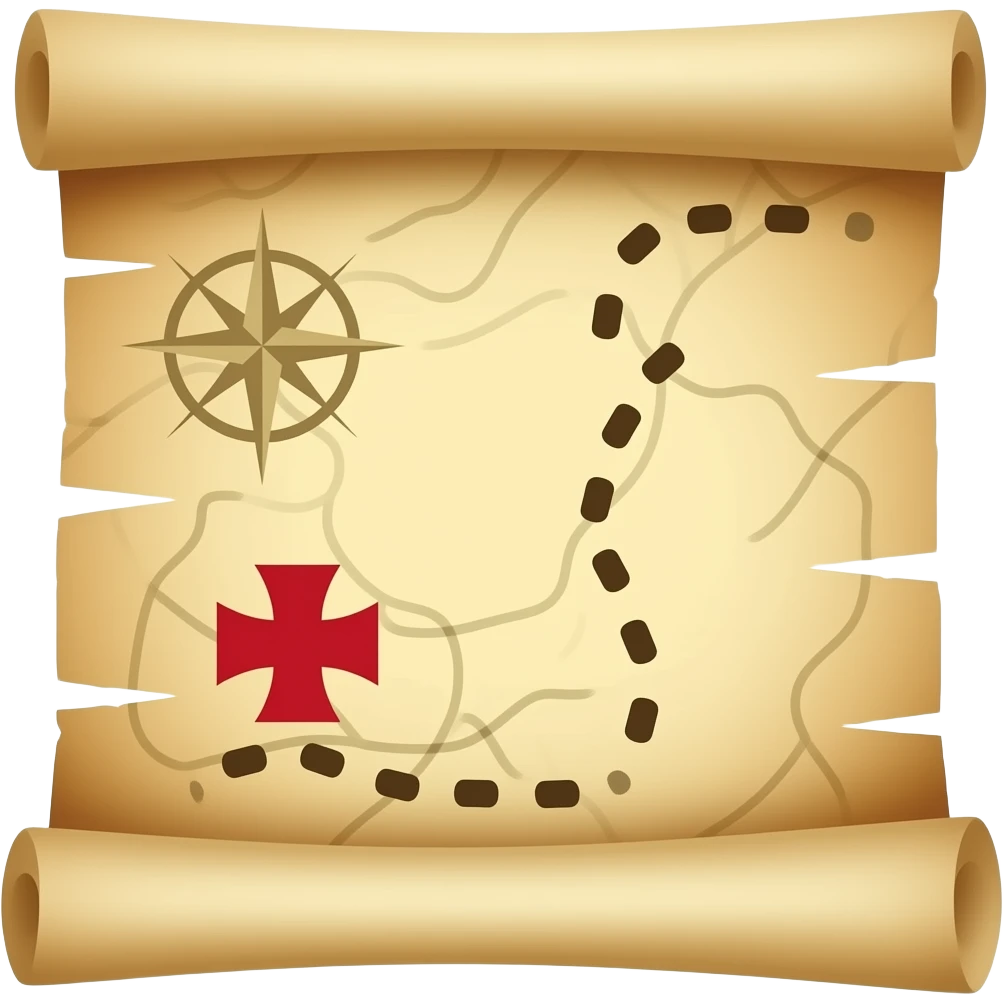 A treasure map, highly detailed,  a red maltese cross marks the location of the treasure, old parchment, slightly scrolled ends emoji